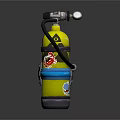 Yellow Scuba Tank With Black Hose Top Valve Decorative Graphics And Blue Bands