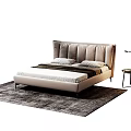 Modern Stylish Double Bed With Upholstered Beige Headboard White Mattress Pillows And Dark Rug