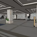Elegant Hotel Lobby Interior Featuring Piano Chandelier Large Windows Sofa Seats And Circular Platform