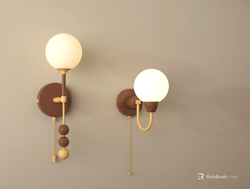 Modern Wooden Base Wall Lamps with White Spherical Shades Decorative Beads and Gold Chain 3d model 