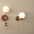 Modern Wooden Base Wall Lamps with White Spherical Shades Decorative Beads and Gold Chain