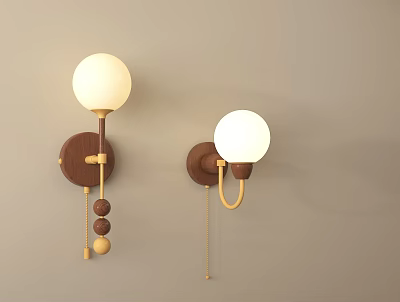 Modern Wooden Base Wall Lamps with White Spherical Shades Decorative Beads and Gold Chain 3d model