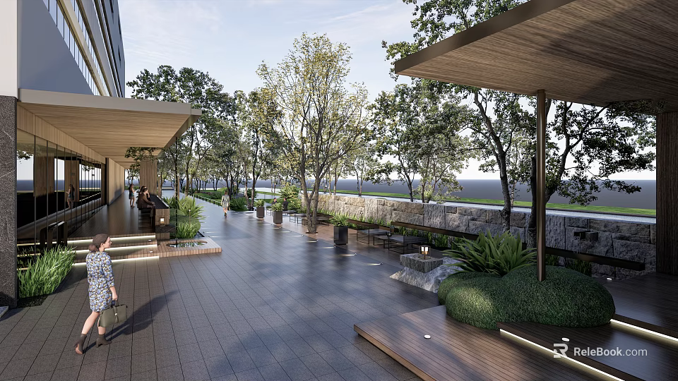 Modern Garden Landscape With Trees Canopy Paved Pathway Seating Stone Wall And Greenery 3d model 