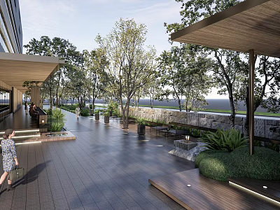 Modern Garden Landscape With Trees Canopy Paved Pathway Seating Stone Wall And Greenery 3d model