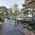 Modern Garden Landscape With Trees Canopy Paved Pathway Seating Stone Wall And Greenery