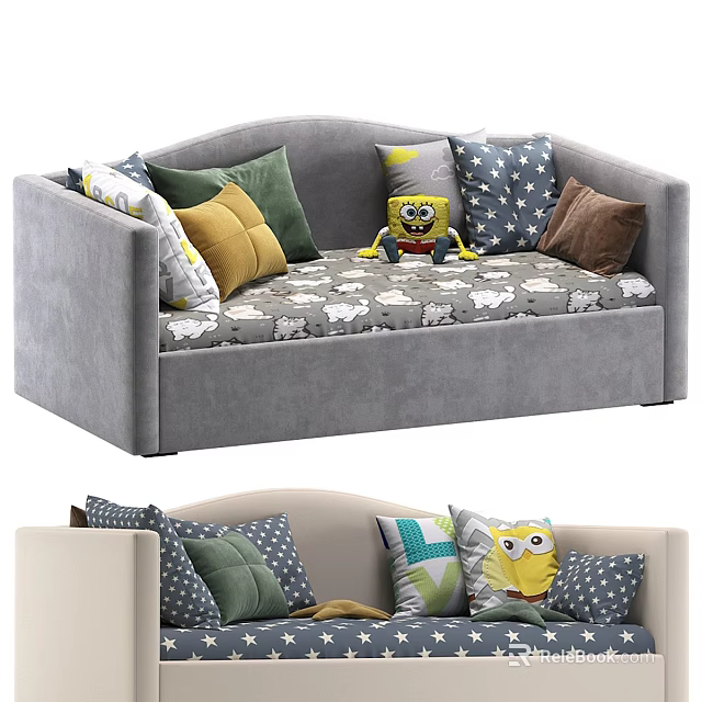 Comfortable Modern Sofa Bed With Colorful Decorative Pillows And Gray Upholstery 3d model 