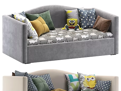 Comfortable Modern Sofa Bed With Colorful Decorative Pillows And Gray Upholstery 3d model