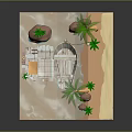 Stilt Wooden House Structure on Small Island with Palm Trees Blue Water and Flag