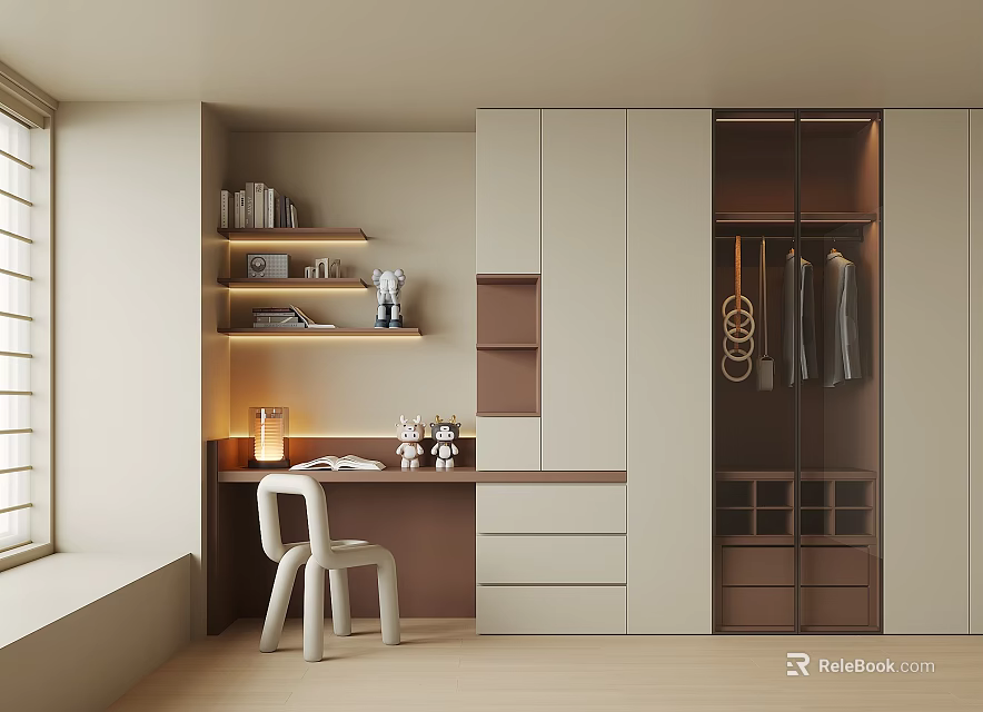 Modern Minimalist Wardrobe with Glass Door Hanging Clothes in Cozy Bedroom 3d model 