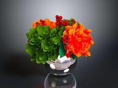 Colorful Flower Arrangement With Green Leaves Orange Blooms And Red Berries In Silver Vase 3d model