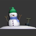 Snowman Character with Green Hat Blue Scarf and Orange Nose on Snowy Ground with Shovel