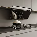 Modern Kitchen Open Cooker Hood With Kitchen Utensils On Gas Stove And Gray Cabinets