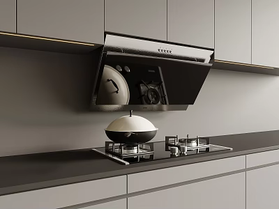 Modern Kitchen Open Cooker Hood With Kitchen Utensils On Gas Stove And Gray Cabinets 3d model