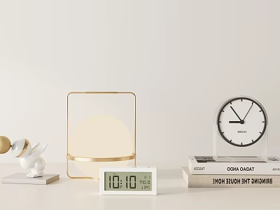 Elegant Modern Decorative Ornament Set With Rabbit Figurine Golden Frame Digital Round Clocks And Books 3d model