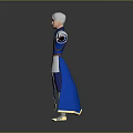 Game and Movie Character With White Hair Blue Robe Silver Armor Standing Pose Arms Outstretched