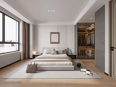 Modern Bedroom Interior Design With Platform Bed Open Closet Decorative Art And Rug 3d model