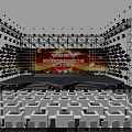 Modern Stage Design Featuring Golden Lighting Steps Blue Seats And Background Screen