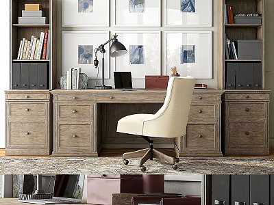 Wooden Office Desk With Bookcase Lamp Beige Chair And Decorative Wall Art 3d model