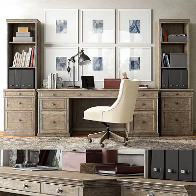 Wooden Office Desk With Bookcase Lamp Beige Chair And Decorative Wall Art 3d model