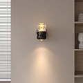 Elegant Wall Sconce With Glass Shade On Light Wall By Wooden Shelf And Window Blinds
