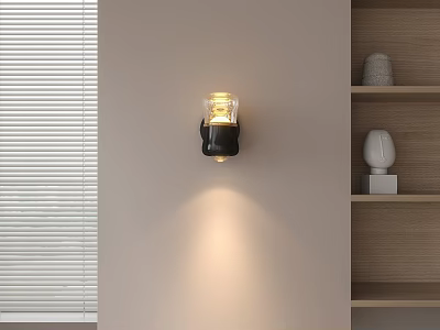 Elegant Wall Sconce With Glass Shade On Light Wall By Wooden Shelf And Window Blinds 3d model