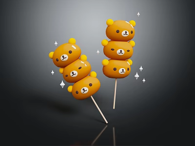 Yellow Bear Head Shaped Sweet Treats Skewered on Sticks with Star Decorations 3d model