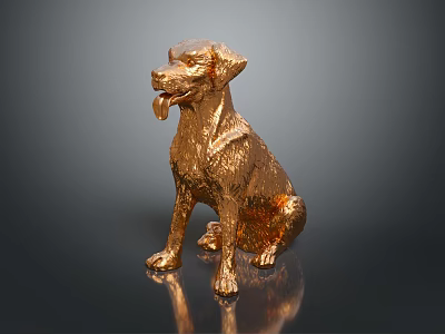 Golden Sitting Dog Statue With Tongue Out And Shiny Surface On Dark Background 3d model