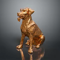 Golden Sitting Dog Statue With Tongue Out And Shiny Surface On Dark Background
