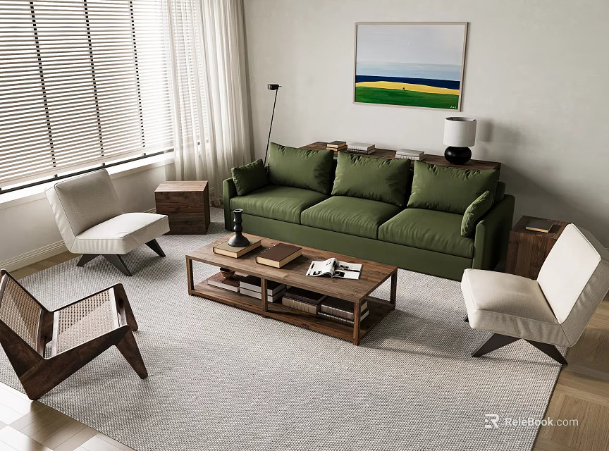 Cozy Modern Living Room Green Sofa And Wooden Coffee Table Set With Accent Chairs 3d model 