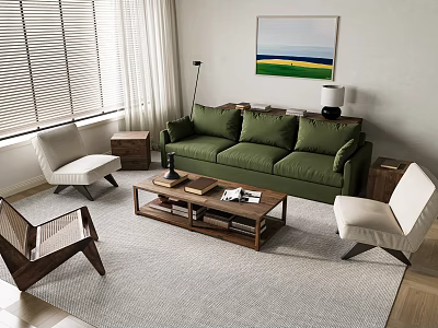 Cozy Modern Living Room Green Sofa And Wooden Coffee Table Set With Accent Chairs 3d model