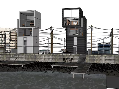 Modern Waterfront Architecture With Two Tall Buildings Docks And Overhead Power Lines 3d model
