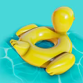 Yellow Inflatable Duck Swim Ring Floating With Grumpy Expression On Blue Water