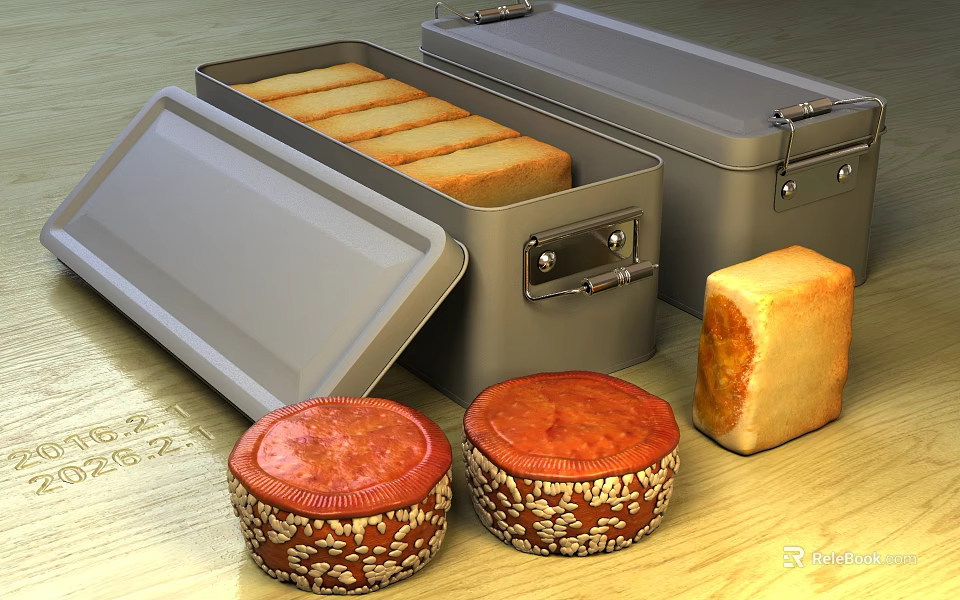 Metal Bread Tins with Sliced Bread and Patterned Round Loaves on Wooden Surface 3d model 