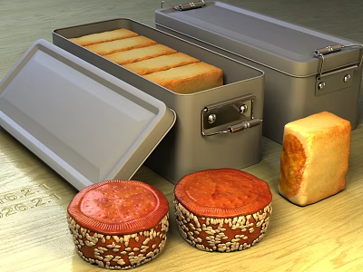 Metal Bread Tins with Sliced Bread and Patterned Round Loaves on Wooden Surface 3d model