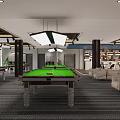 Modern Billiard Room Interior With Billiard Tables Chairs And Greenery