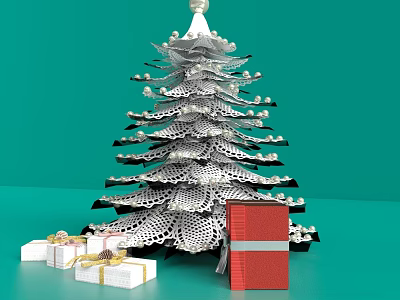 Decorated Christmas Tree With Ornaments And Gift Boxes On Teal Background 3d model