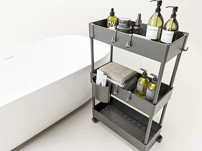 Multi Tier Rolling Bathroom Storage Cart with Toiletries Bottles and Towels Near Bathtub 3d model