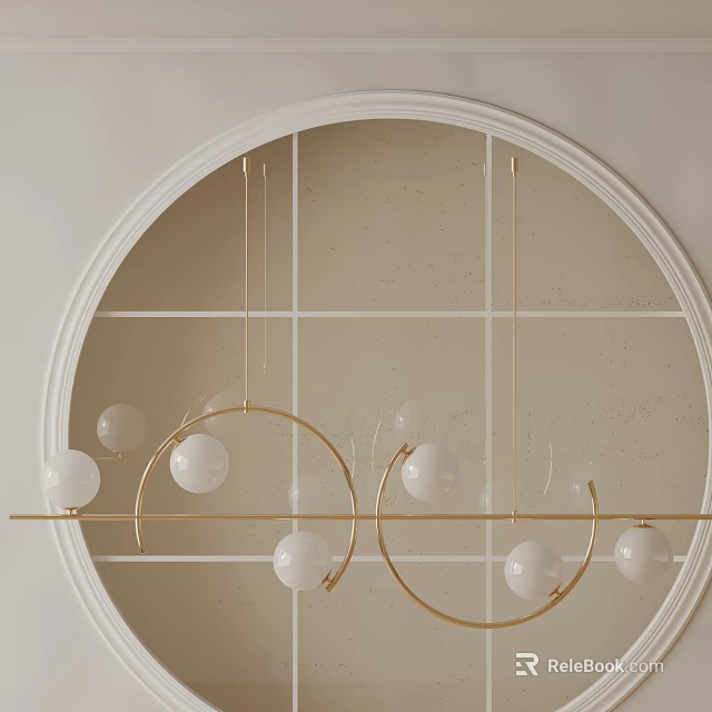 Golden Circular Ring Chandelier With White Spheres On Horizontal Bar Against Round Background Wall 3d model 