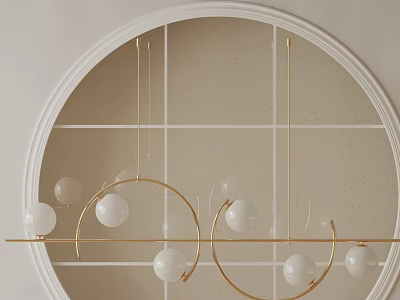 Golden Circular Ring Chandelier With White Spheres On Horizontal Bar Against Round Background Wall 3d model