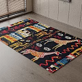 Square Rug With Giraffe Patterns Geometric Designs And Vibrant Colors On Black Background