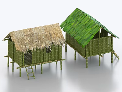Two Traditional Bamboo Huts With Stilted Design And Green Straw Thatch Roofs 3d model