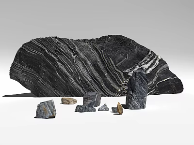 Large Textured Black Stone with Smaller Stones and Natural Wooden Blocks 3d model