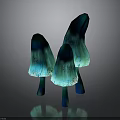Three Glowing Teal Mushroom Plants With Stems On Gray Background And Reflections