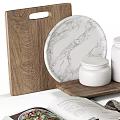 Elegant Decorative Ornament Set With Wooden Tray Marble Plate White Jars Open Book And Linen Cloth