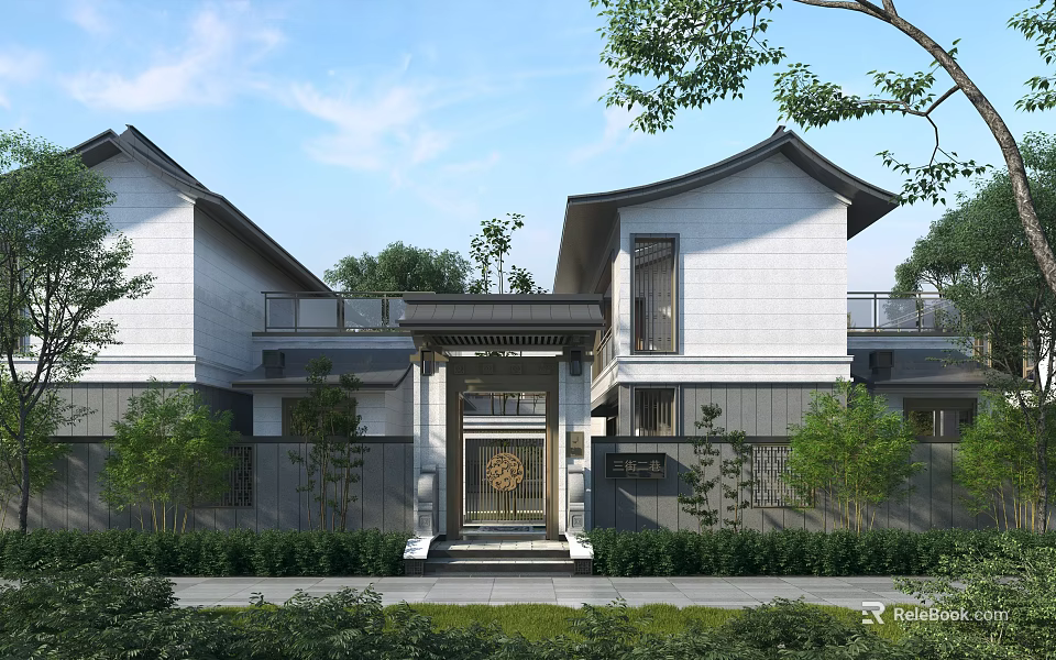 Modern Chinese Style Detached Villa Exterior With White Walls Gray Roofs And Lush Greenery 3d model 
