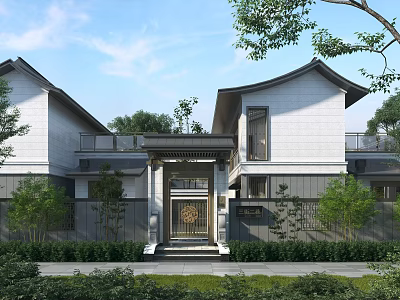 Modern Chinese Style Detached Villa Exterior With White Walls Gray Roofs And Lush Greenery 3d model