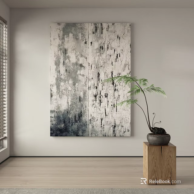Abstract Painting in Neutral Tones with Black Line Textures and Green Plant on Wooden Stand Interior 3d model 