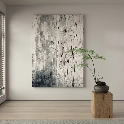 Abstract Painting in Neutral Tones with Black Line Textures and Green Plant on Wooden Stand Interior 3d model