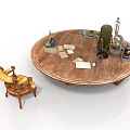 Round Wooden Table With Papers Bottles And Green Lamp Near Vintage Chair