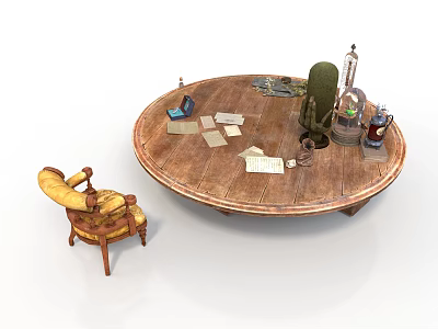Round Wooden Table With Papers Bottles And Green Lamp Near Vintage Chair 3d model